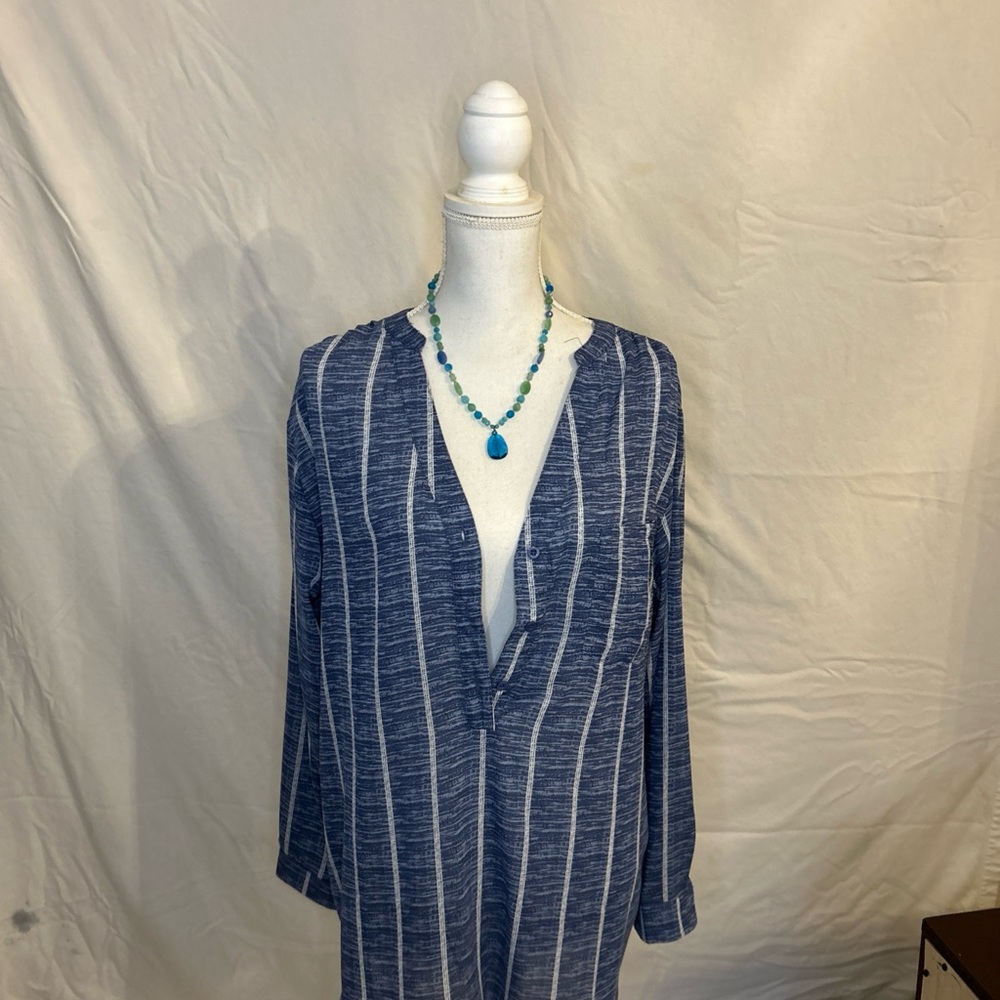 Blue and White Striped‎ Swim Coverup with V-Neck